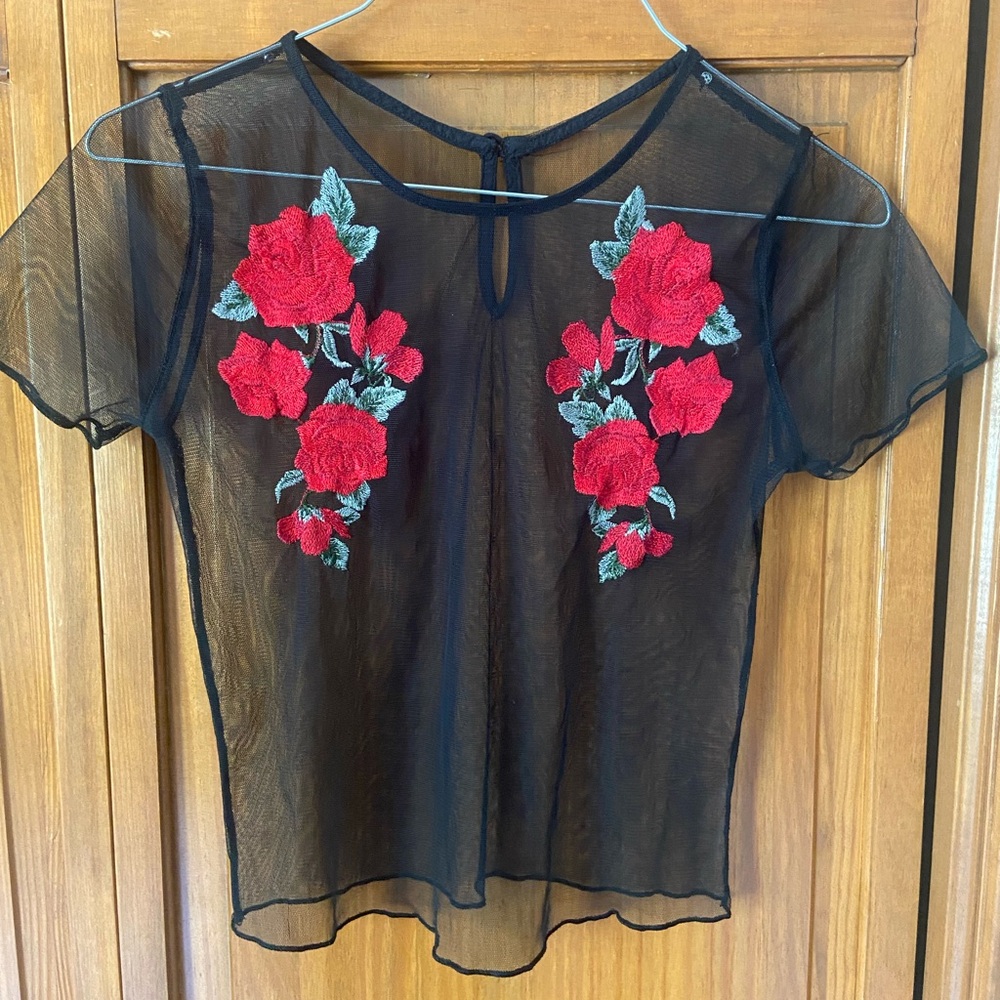 Black Sheer Top with Red Floral Embroidery